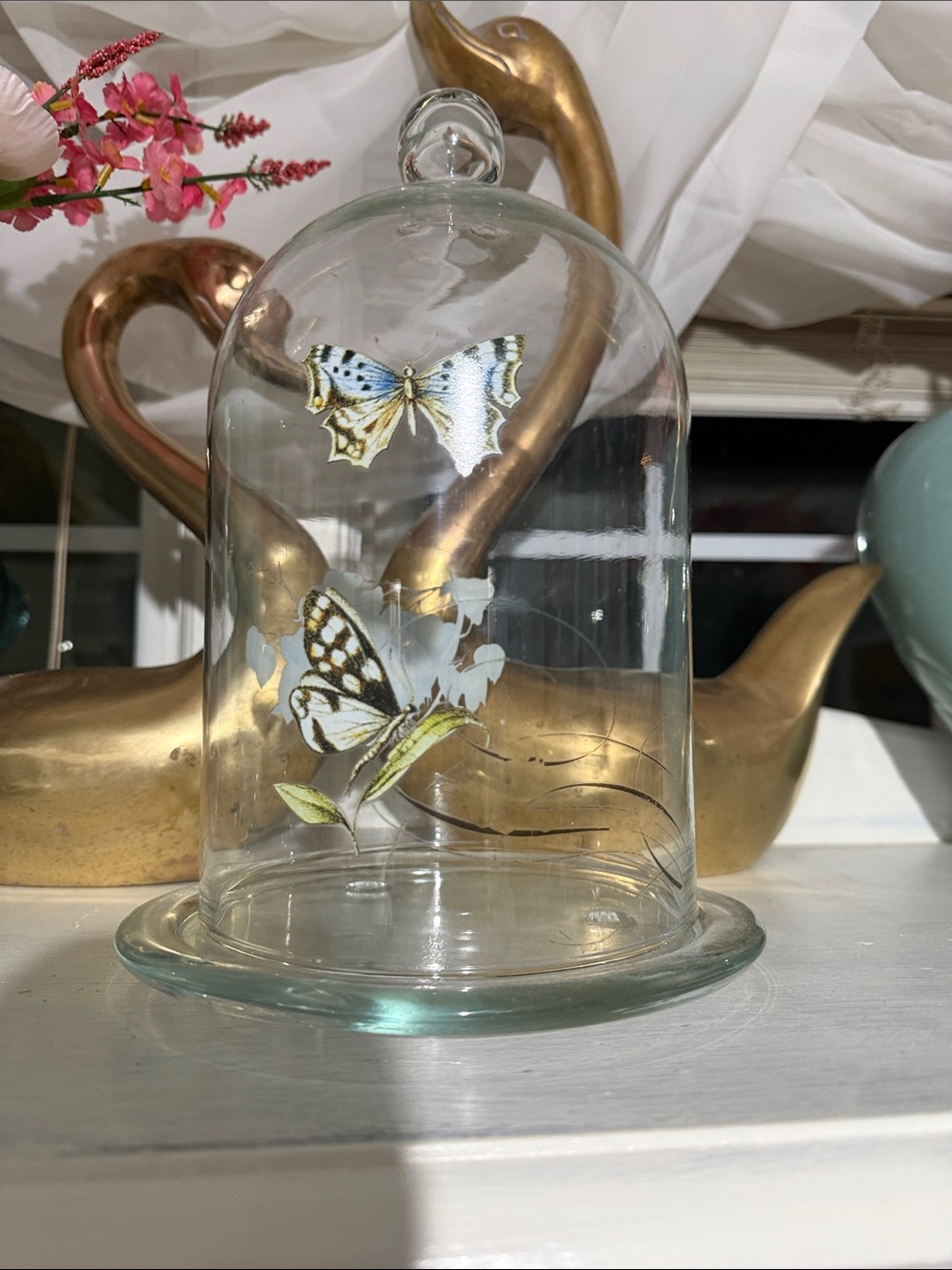 Vintage large decal-printed glass cloche dome